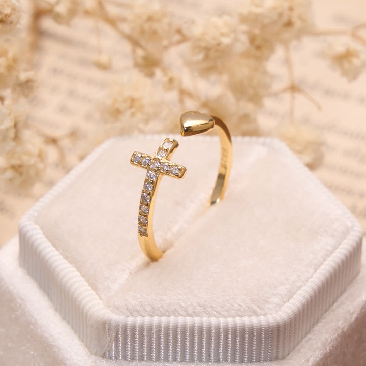 Christianartworkshop Minimal Pave Zircon Cross Open Ring With Solid Heart Tip: Emblem of Sincere Heavenly Devotion - Golden( Suitable for US Sizes 6-9 ) - image 2