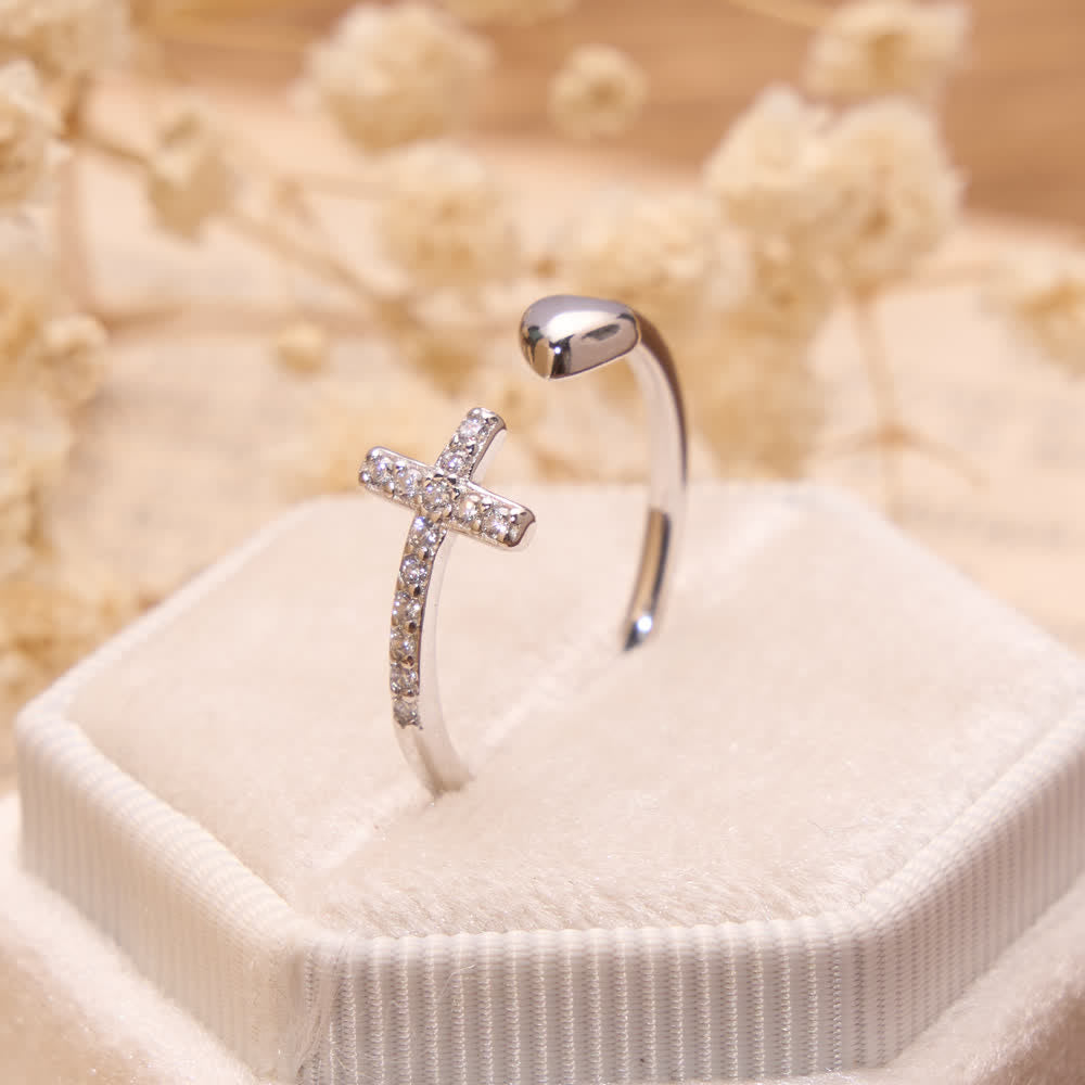 Christianartworkshop Minimal Pave Zircon Cross Open Ring With Solid Heart Tip: Emblem of Sincere Heavenly Devotion - Silver( Suitable for US Sizes 6-9 ) - image 0