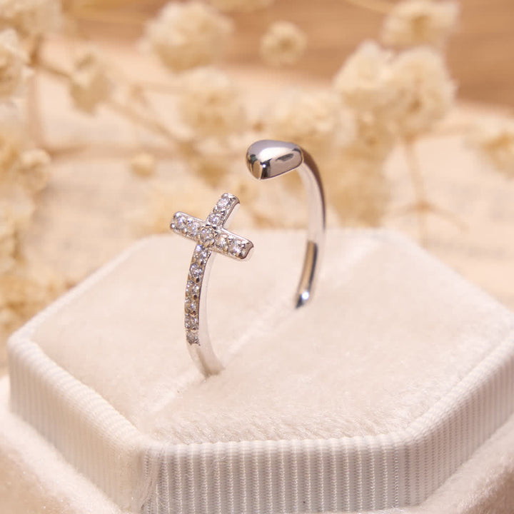 Christianartworkshop Minimal Pave Zircon Cross Open Ring With Solid Heart Tip: Emblem of Sincere Heavenly Devotion - Silver( Suitable for US Sizes 6-9 ) - image 0