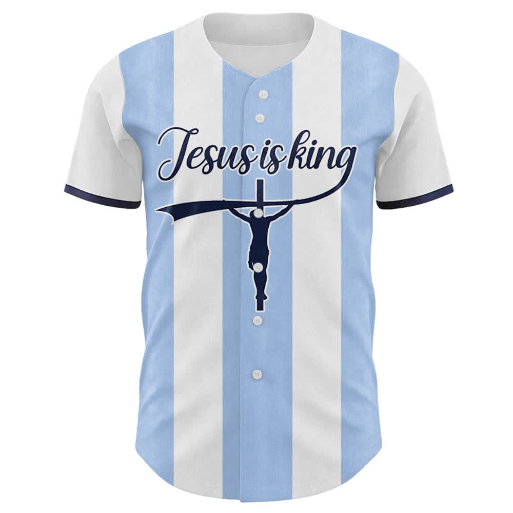 Christianartworkshop Custom Name Number "Jesus Is King" Cross Print Striped Baseball Jersey - image 1