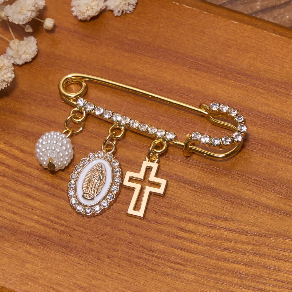 Christianartworkshop Rhinestone Brooch With Dangling Our Lady & Cross & Saint Benedict Charms: Emblem of Gentle Heavenly Shelter - image 2
