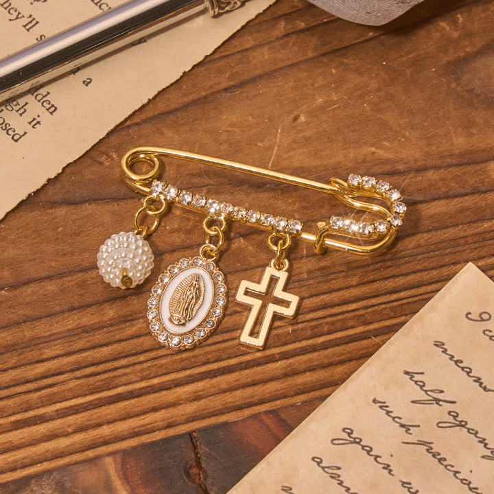 Christianartworkshop Rhinestone Brooch With Dangling Our Lady & Cross & Saint Benedict Charms: Emblem of Gentle Heavenly Shelter - Our Lady - image 0