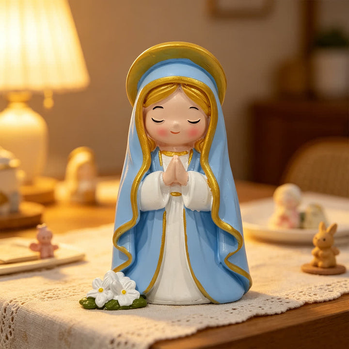Christianartworkshop Chibi Closed-Eye Praying Our Lady Hand-Painted Resin Figurine With Floral Base - Q-Style Virgin Mary - image 0