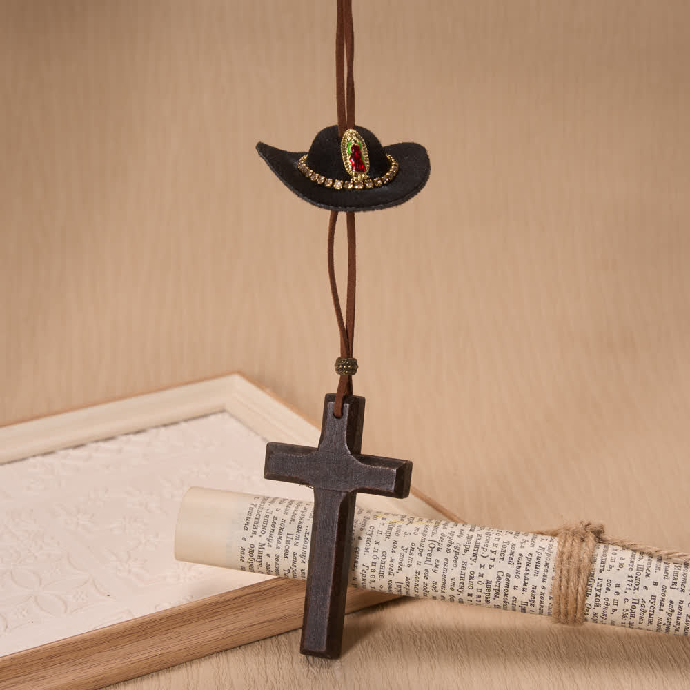 Christianartworkshop Western Vintage Hanging Auto Ornament Decorated With Felt Our Lady Cowboy Hat And Wood Cross  - image 1