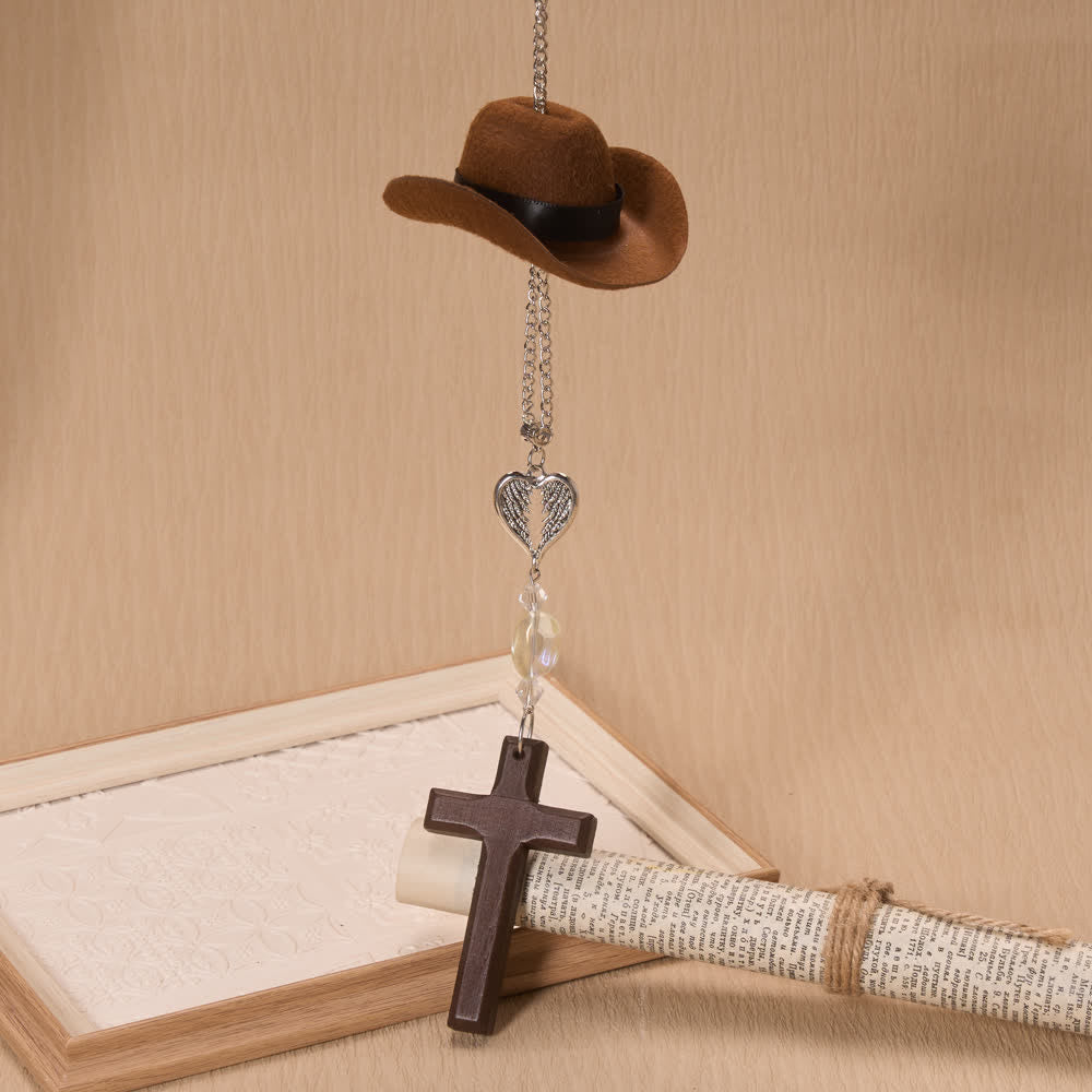 Christianartworkshop Cowboy Hat Angel Wing Wooden Cross Car Pendant: Timeless Token of Faithful Heavenly Safeguard - image 1