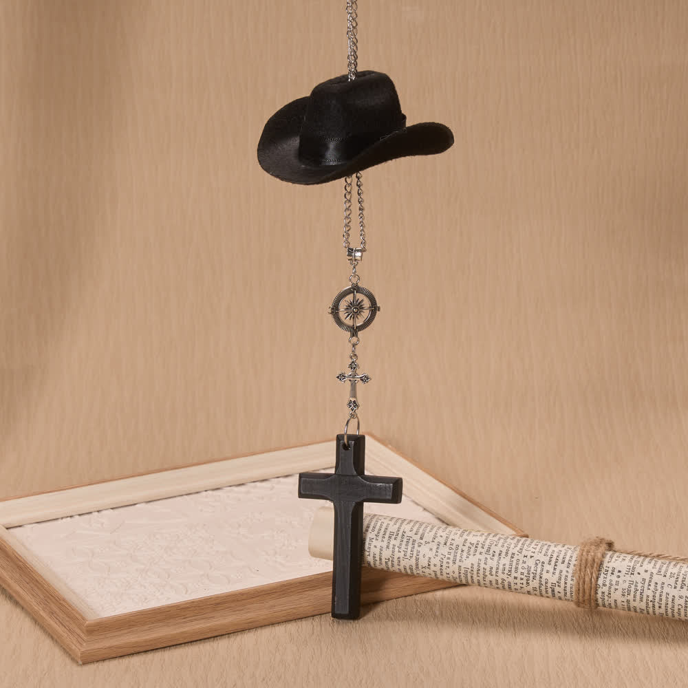 Christianartworkshop Cowboy Hat Compass Wooden Cross Car Pendant: Timeless Token of Steady Heavenly Guidance - image 1