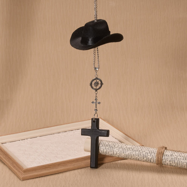Christianartworkshop Cowboy Hat Compass Wooden Cross Car Pendant: Timeless Token of Steady Heavenly Guidance - image 1