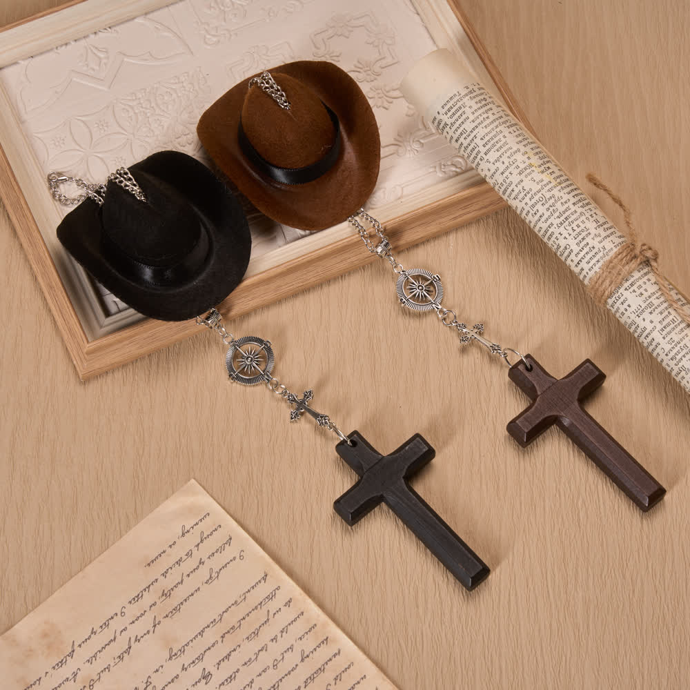 Christianartworkshop Cowboy Hat Compass Wooden Cross Car Pendant: Timeless Token of Steady Heavenly Guidance - image 2