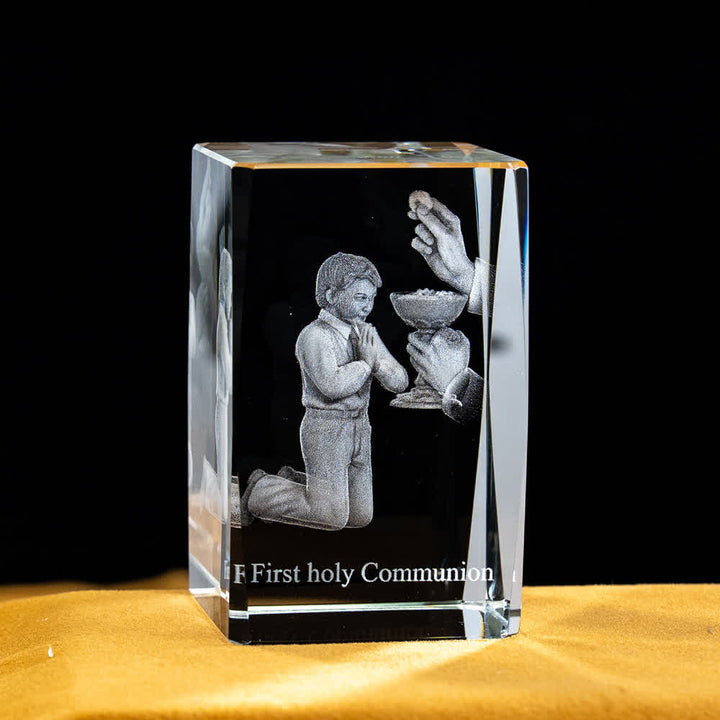 Christianartworkshop Multi-Design Engraved Sacred Crystal Figurine For Desktop Display & Devotional Home Decor - Boy First Holy Communion - 5x5x8cm - image 6