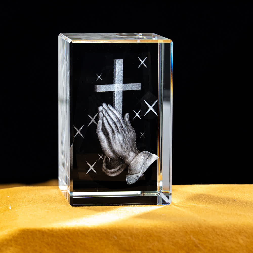 Christianartworkshop Multi-Design Engraved Sacred Crystal Figurine For Desktop Display & Devotional Home Decor - Praying Hands with Cross - 5x5x8cm - image 0