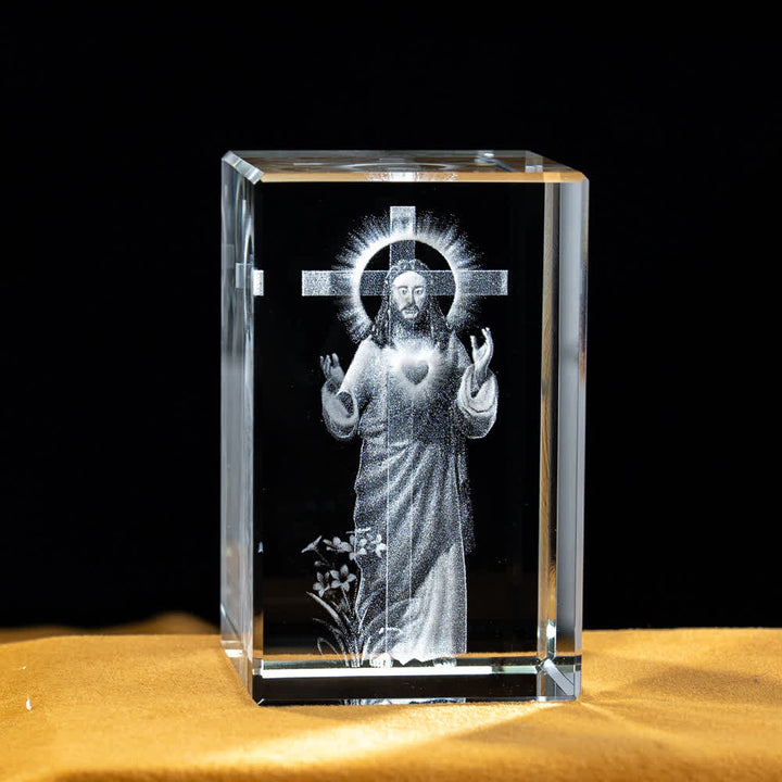 Christianartworkshop Multi-Design Engraved Sacred Crystal Figurine For Desktop Display & Devotional Home Decor - Sacred Heart of Jesus Cross - 5x5x8cm - image 2