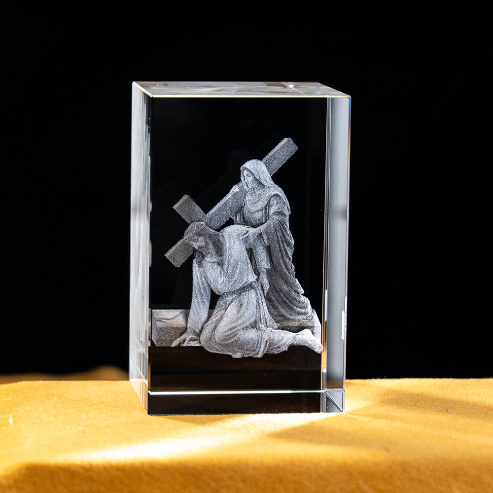 Christianartworkshop Multi-Design Engraved Sacred Crystal Figurine For Desktop Display & Devotional Home Decor - Jesus Carrying Cross with Mary - 5x5x8cm - image 17