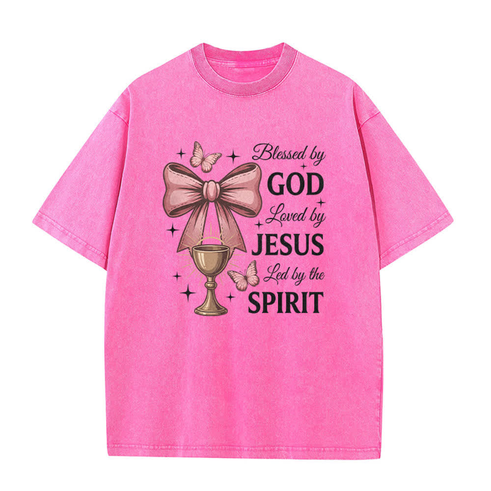 Christianartworkshop Blessed by God Bow Chalice Butterfly Script Vintage Graphic Washed T-Shirt - Pink - 5XL - image 0