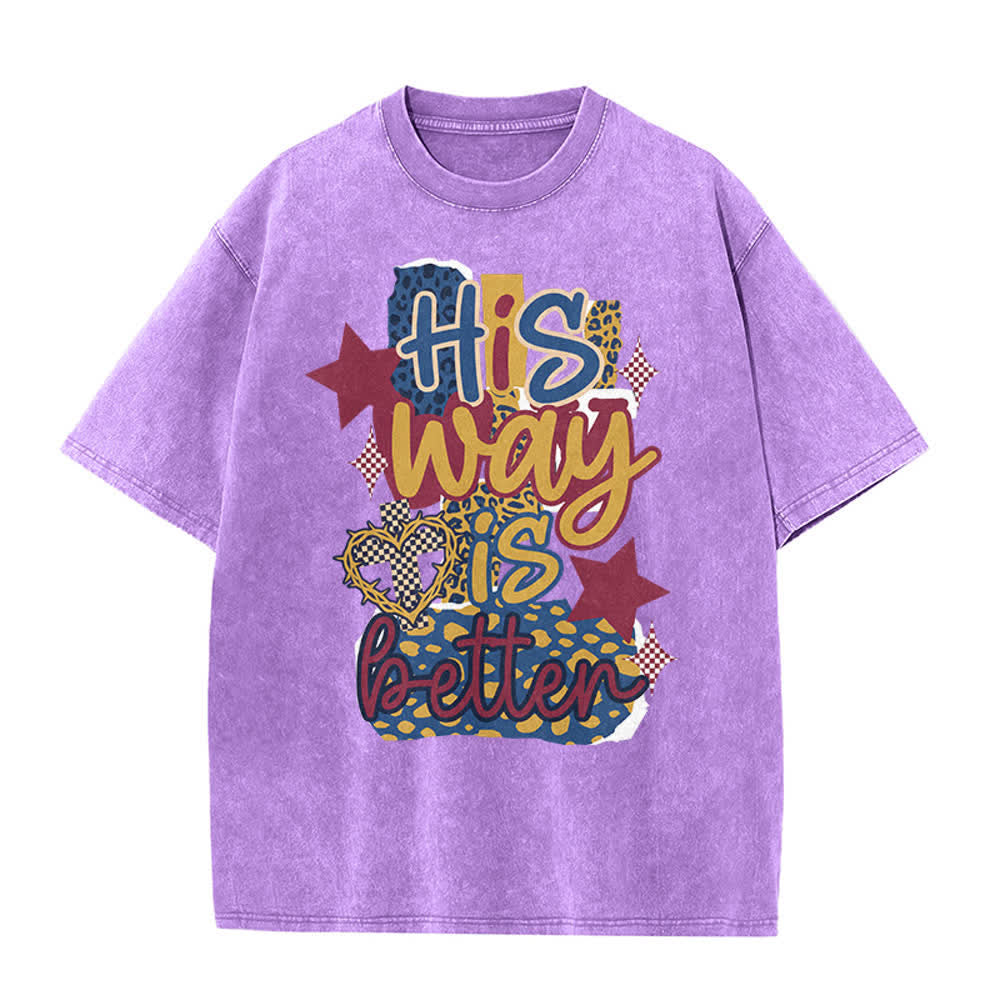 Christianartworkshop His Way Is Better Leopard Patch Thorn Heart Star Vintage Washed Graphic T-Shirt - Purple - 5XL - image 0