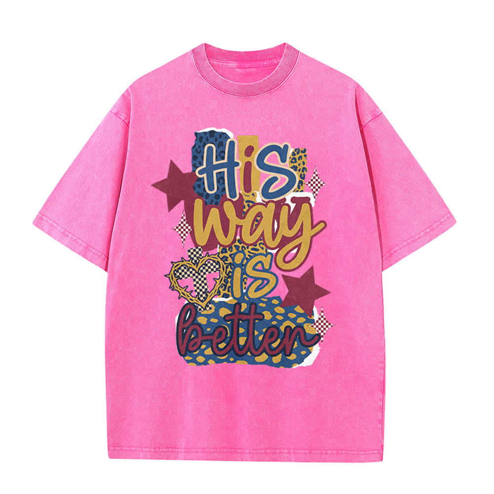 Christianartworkshop His Way Is Better Leopard Patch Thorn Heart Star Vintage Washed Graphic T-Shirt - Pink - 5XL - image 1