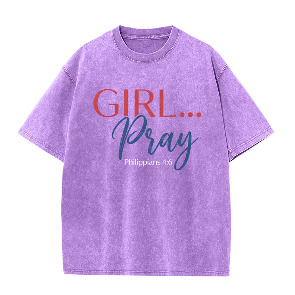 Christianartworkshop Girl Pray Philippians 4:6 Mix Font Vintage  Front Print Casual Washed T-Shirt - Purple - 5XL - image 1