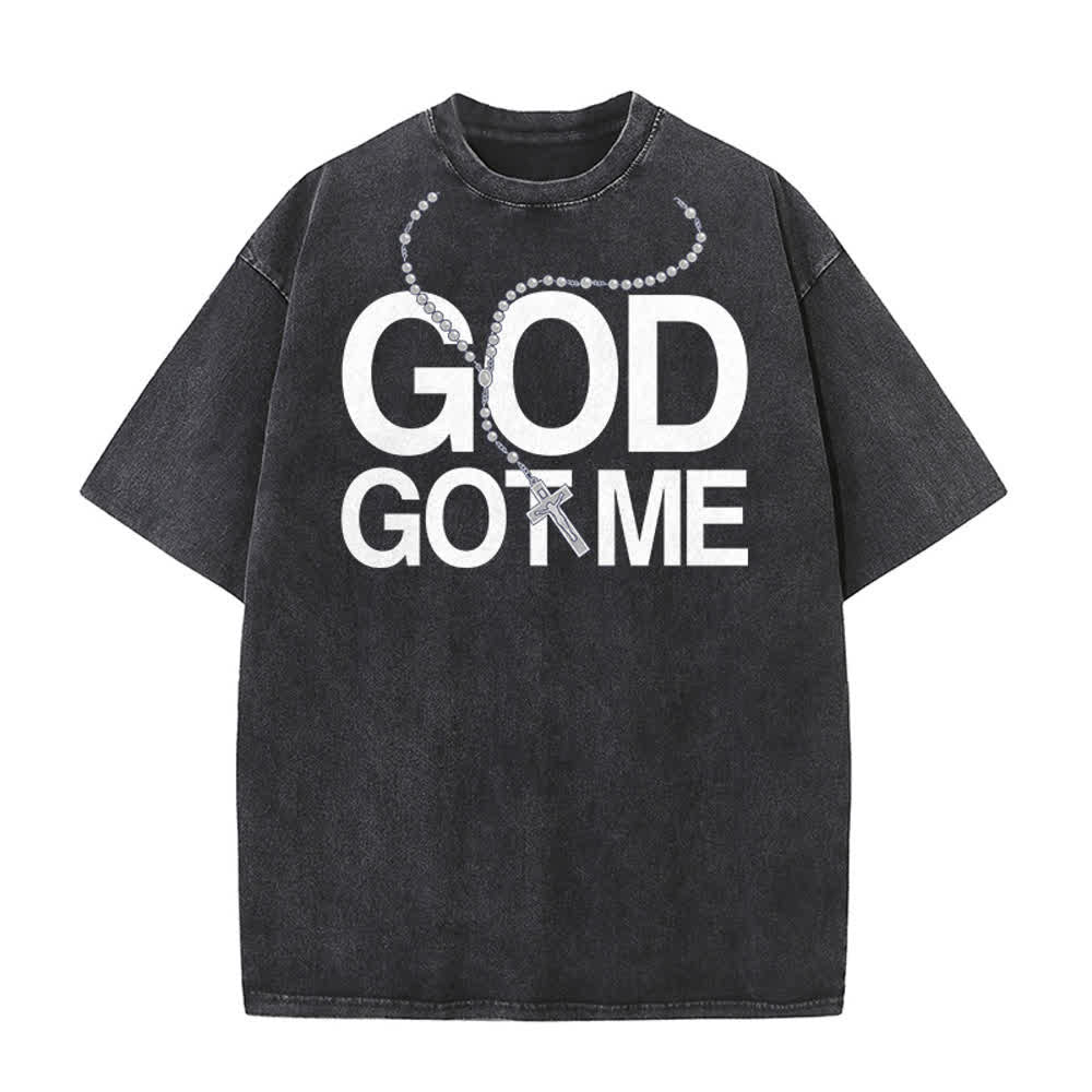 Christianartworkshop God Got Me Bold Letter Rosary Crucifix Vintage Front Print Washed T-Shirt - Black - 5XL - image 0