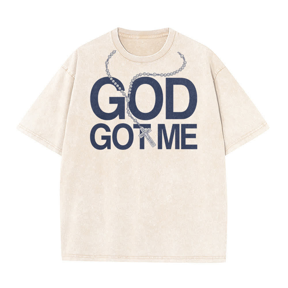 Christianartworkshop God Got Me Bold Letter Rosary Crucifix Vintage Front Print Washed T-Shirt - Beige - 5XL - image 1