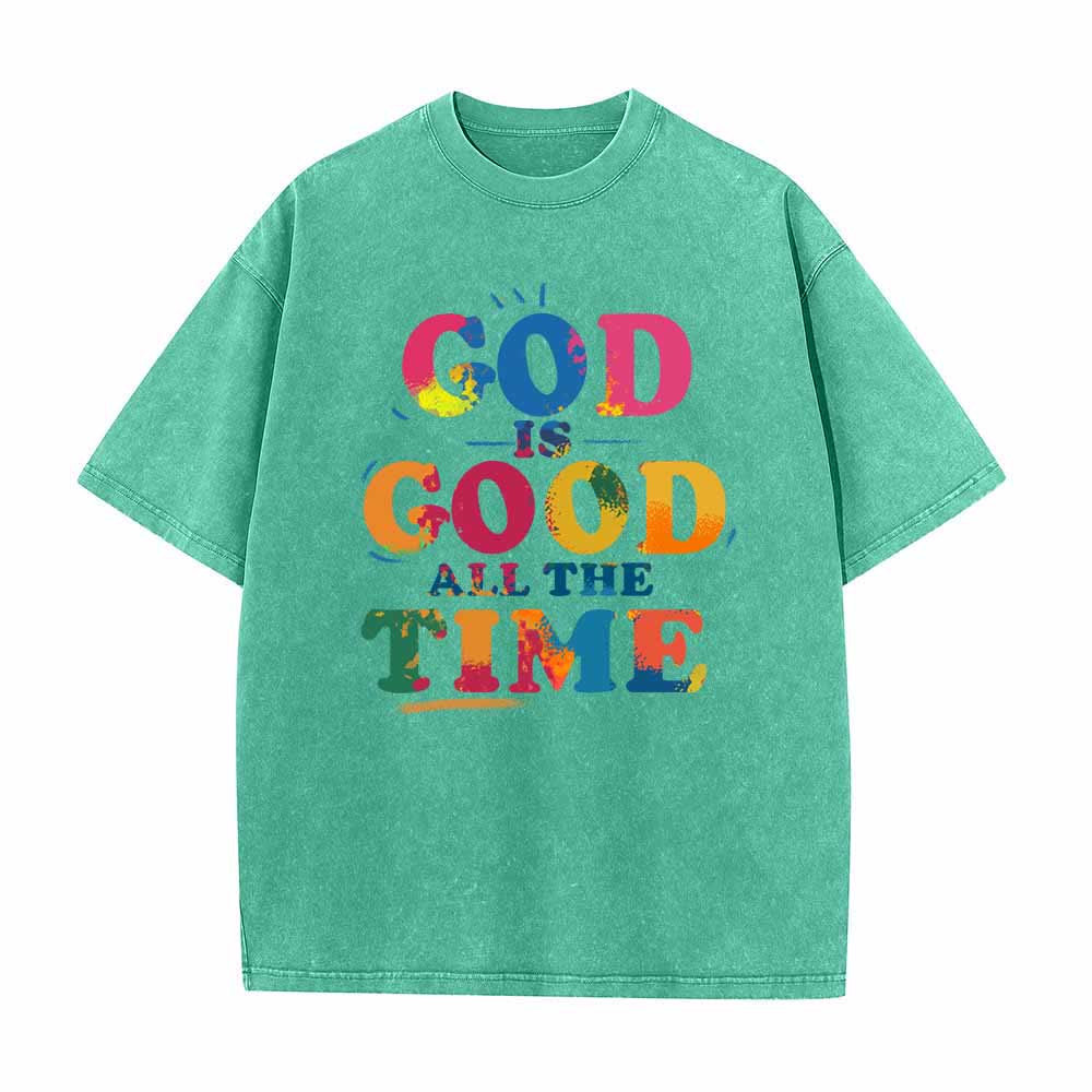 Christianartworkshop God Is Good All The Time Rainbow Splash Distressed Letter Vintage Washed T-Shirt - Green - 5XL - image 0