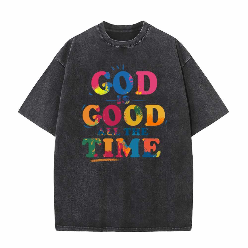 Christianartworkshop God Is Good All The Time Rainbow Splash Distressed Letter Vintage Washed T-Shirt - Black - 5XL - image 1