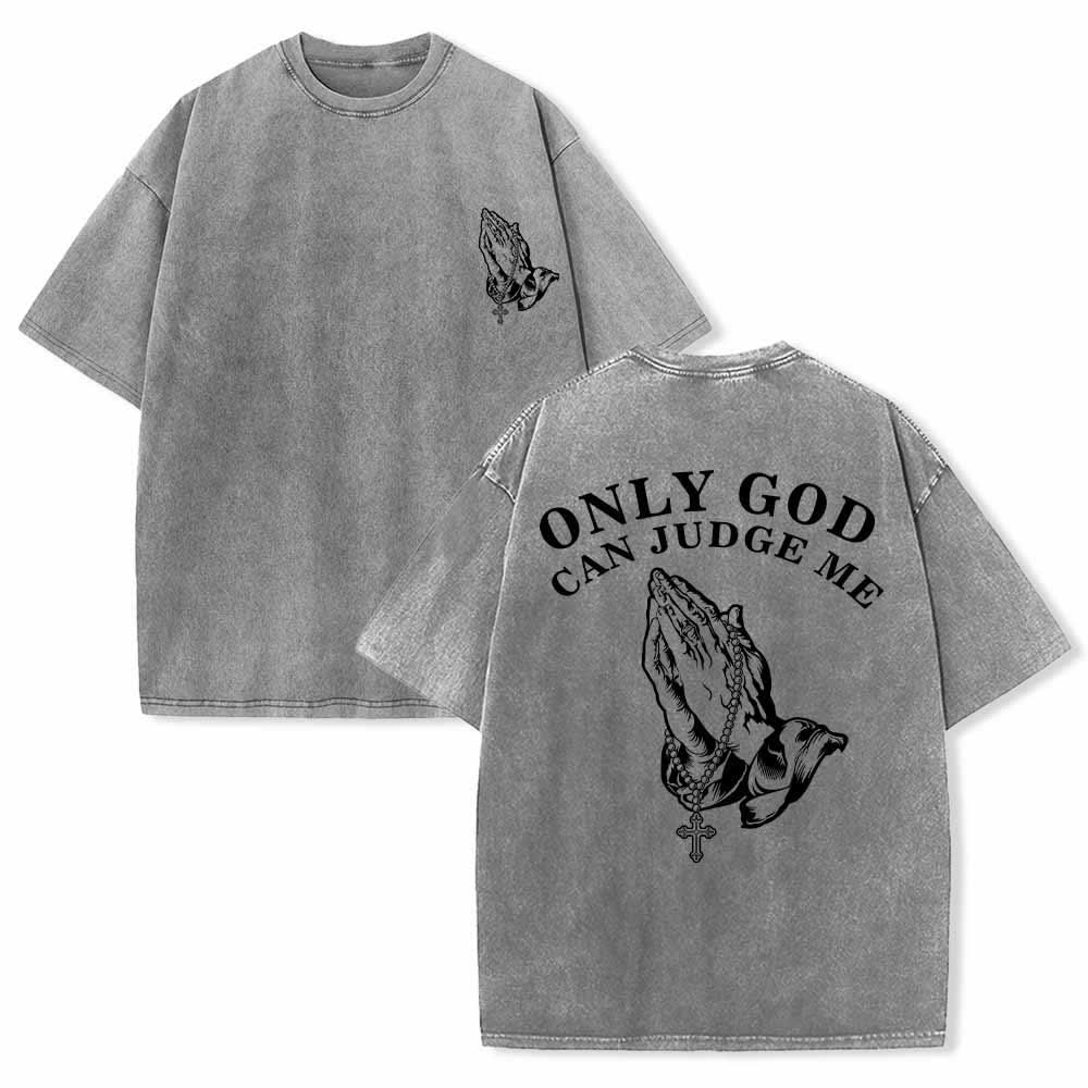 Christianartworkshop Only God Can Judge Me Praying Hands Rosary Cross Dual Print Vintage Washed T-Shirt - Grey - 5XL - image 0