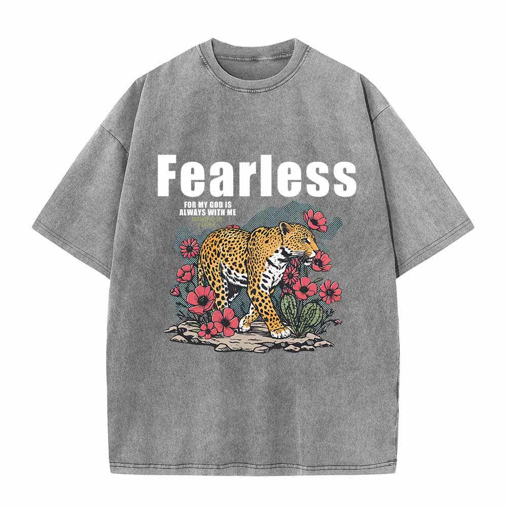 Christianartworkshop Fearless Leopard Floral Isaiah 41:10 Vintage Front Print Graphic Washed T-Shirt - Grey - 5XL - image 1