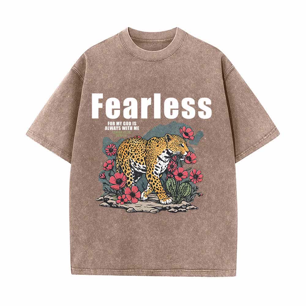 Christianartworkshop Fearless Leopard Floral Isaiah 41:10 Vintage Front Print Graphic Washed T-Shirt - Brown - 5XL - image 0