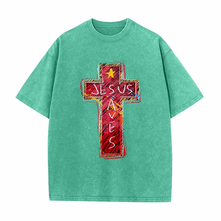 Christianartworkshop Vibrant Red Sketch Cross Jesus Saves Letter Star Accent Oversized Washed T-Shirt - Green - 5XL - image 3