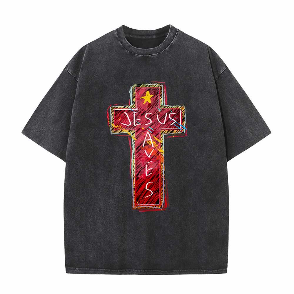 Christianartworkshop Vibrant Red Sketch Cross Jesus Saves Letter Star Accent Oversized Washed T-Shirt - Black - 5XL - image 4