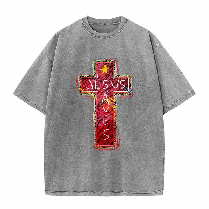 Christianartworkshop Vibrant Red Sketch Cross Jesus Saves Letter Star Accent Oversized Washed T-Shirt - Grey - 5XL - image 2