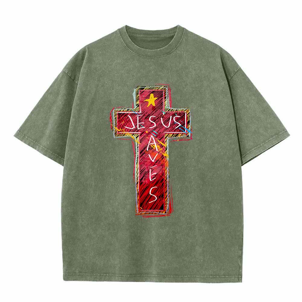 Christianartworkshop Vibrant Red Sketch Cross Jesus Saves Letter Star Accent Oversized Washed T-Shirt - Army Green - 5XL - image 8