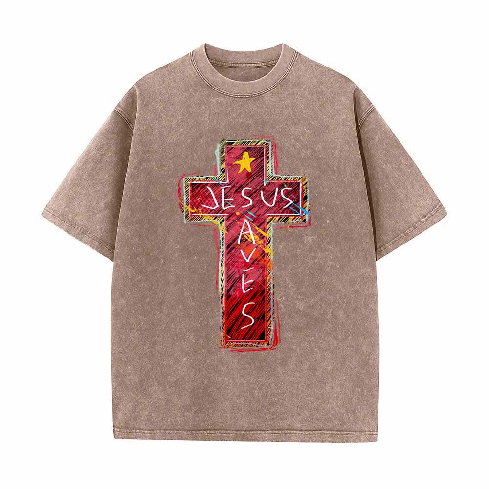 Christianartworkshop Vibrant Red Sketch Cross Jesus Saves Letter Star Accent Oversized Washed T-Shirt - Brown - 5XL - image 1