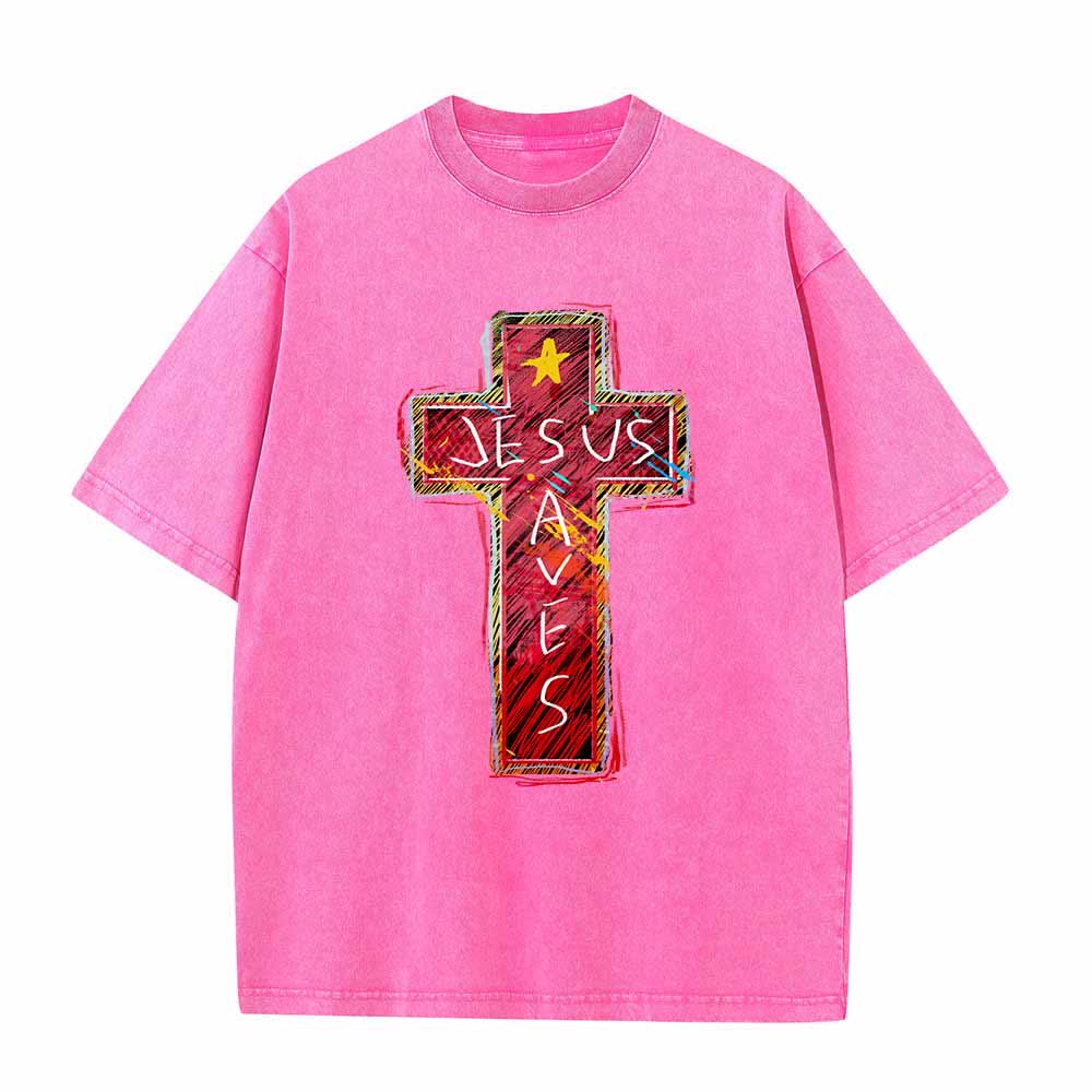 Christianartworkshop Vibrant Red Sketch Cross Jesus Saves Letter Star Accent Oversized Washed T-Shirt - Pink - 5XL - image 7