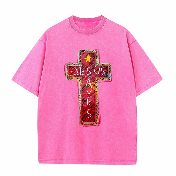 Christianartworkshop Vibrant Red Sketch Cross Jesus Saves Letter Star Accent Oversized Washed T-Shirt - Pink - 5XL - image 7