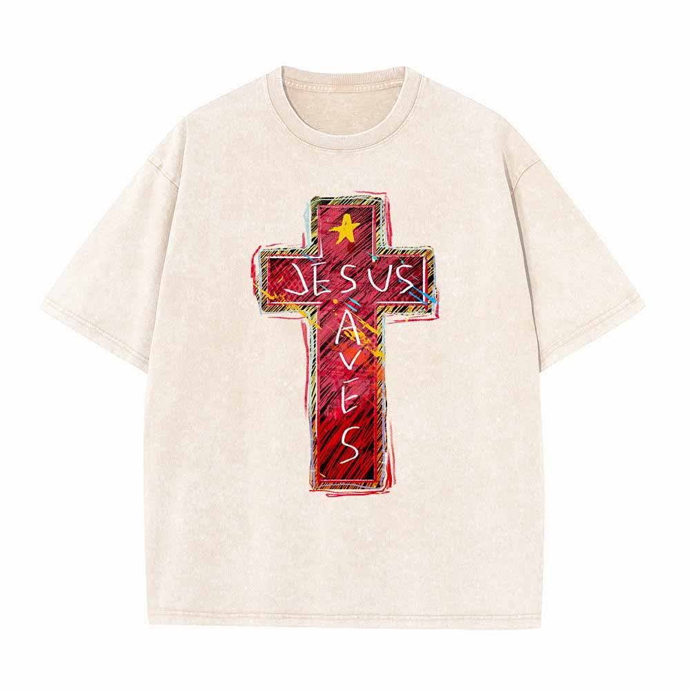 Christianartworkshop Vibrant Red Sketch Cross Jesus Saves Letter Star Accent Oversized Washed T-Shirt - Beige - 5XL - image 5