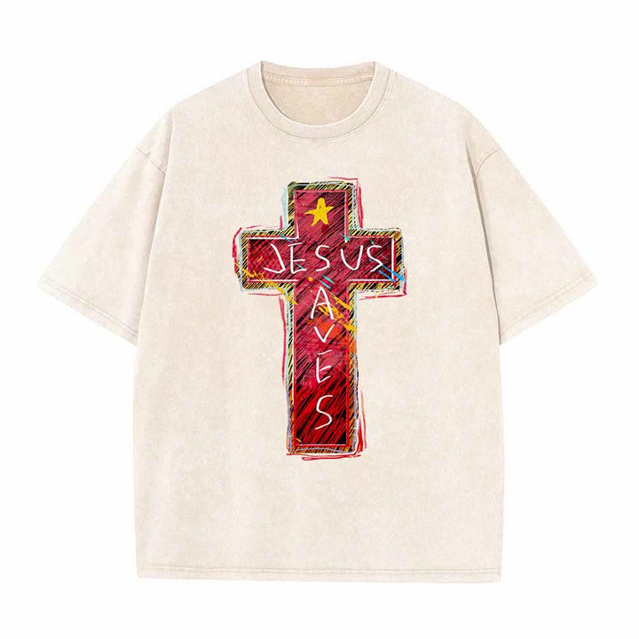 Christianartworkshop Vibrant Red Sketch Cross Jesus Saves Letter Star Accent Oversized Washed T-Shirt - Beige - 5XL - image 5