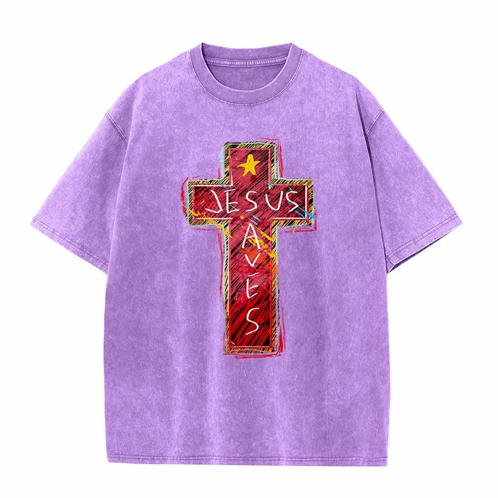 Christianartworkshop Vibrant Red Sketch Cross Jesus Saves Letter Star Accent Oversized Washed T-Shirt - Purple - 5XL - image 6