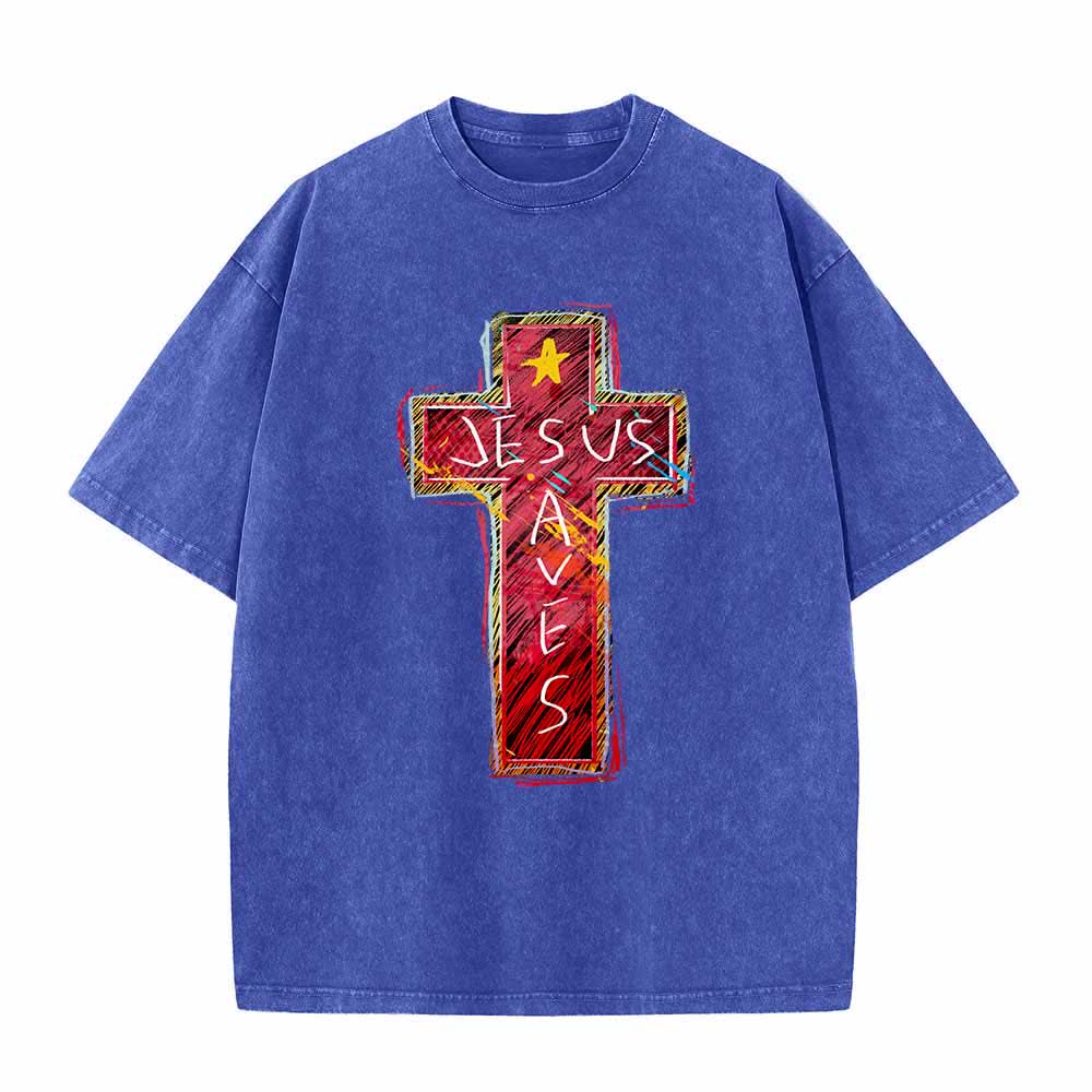 Christianartworkshop Vibrant Red Sketch Cross Jesus Saves Letter Star Accent Oversized Washed T-Shirt - Blue - 5XL - image 0