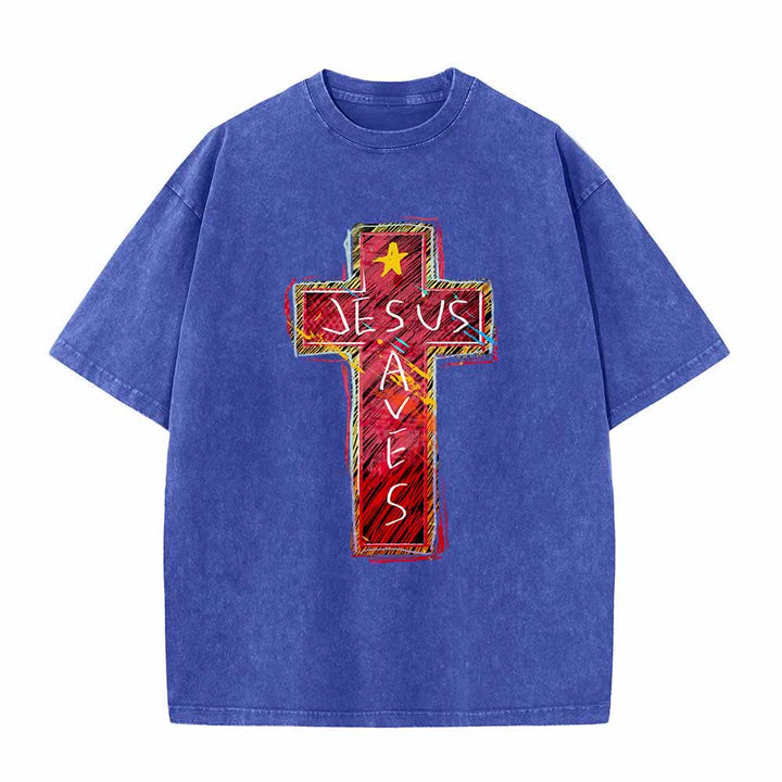 Christianartworkshop Vibrant Red Sketch Cross Jesus Saves Letter Star Accent Oversized Washed T-Shirt - Blue - 5XL - image 0