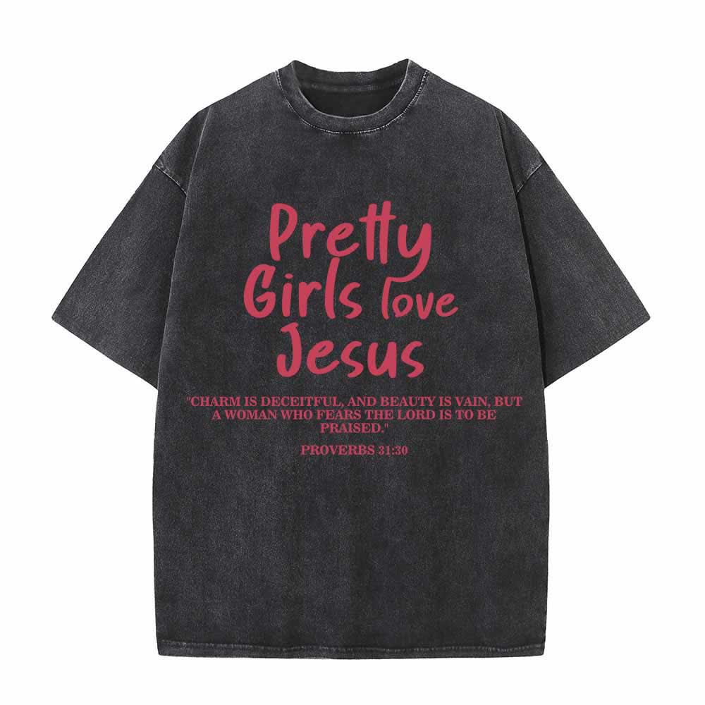Christianartworkshop Pretty Girls Love Jesus Proverbs 31:30 Dual Font Scripture Front Print Washed T-Shirt - Black - 5XL - image 5