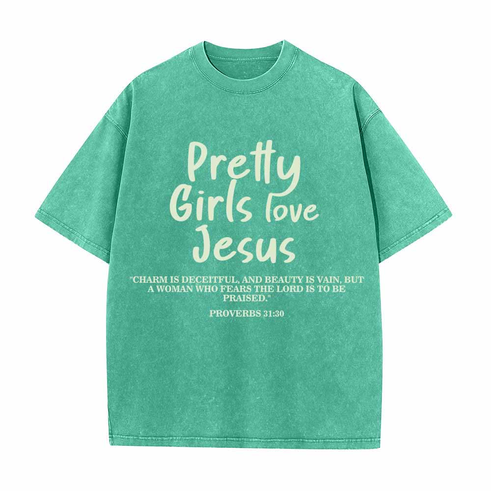 Christianartworkshop Pretty Girls Love Jesus Proverbs 31:30 Dual Font Scripture Front Print Washed T-Shirt - Green - 5XL - image 4