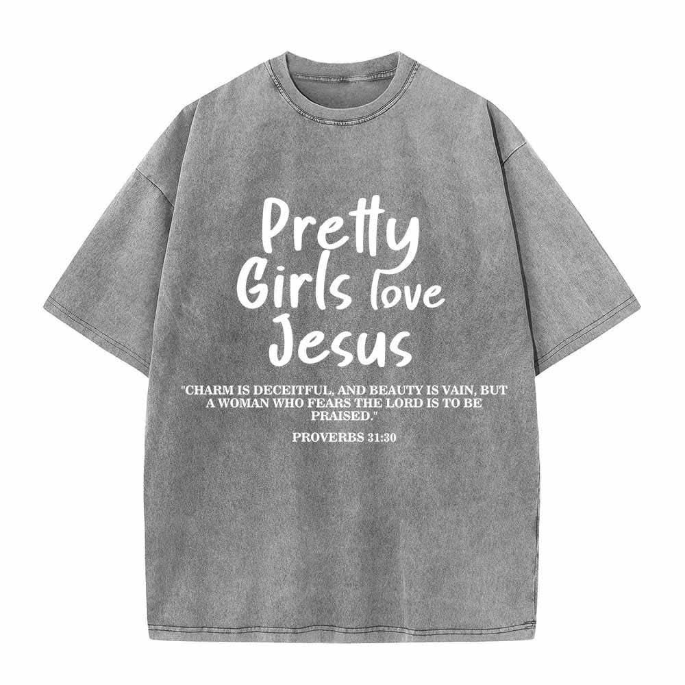 Christianartworkshop Pretty Girls Love Jesus Proverbs 31:30 Dual Font Scripture Front Print Washed T-Shirt - Grey - 5XL - image 3