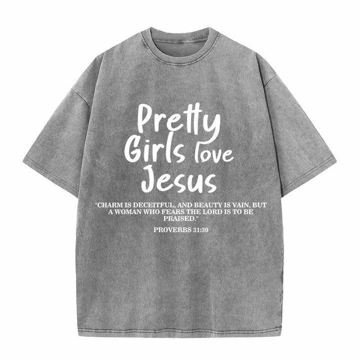 Christianartworkshop Pretty Girls Love Jesus Proverbs 31:30 Dual Font Scripture Front Print Washed T-Shirt - Grey - 5XL - image 3