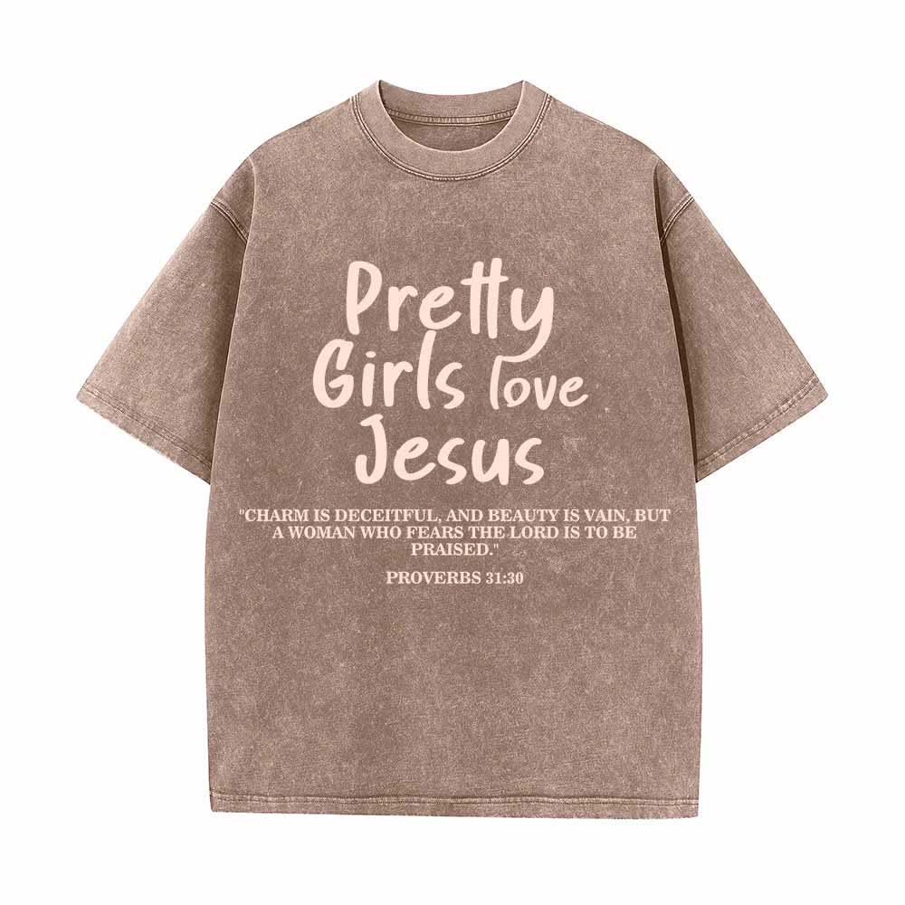 Christianartworkshop Pretty Girls Love Jesus Proverbs 31:30 Dual Font Scripture Front Print Washed T-Shirt - Brown - 5XL - image 2