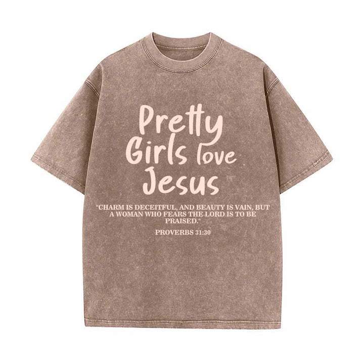 Christianartworkshop Pretty Girls Love Jesus Proverbs 31:30 Dual Font Scripture Front Print Washed T-Shirt - Brown - 5XL - image 2