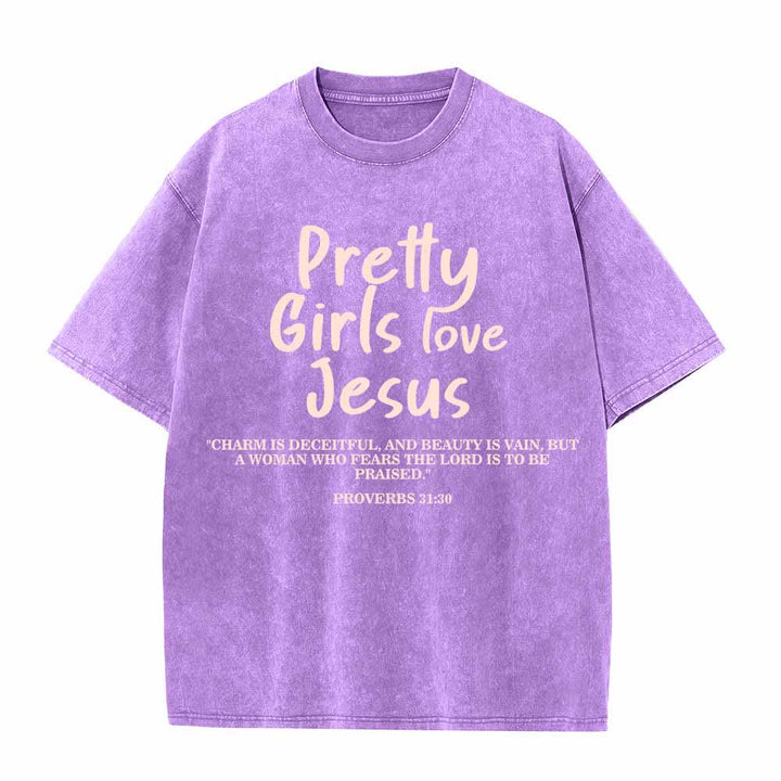 Christianartworkshop Pretty Girls Love Jesus Proverbs 31:30 Dual Font Scripture Front Print Washed T-Shirt - Purple - 5XL - image 7