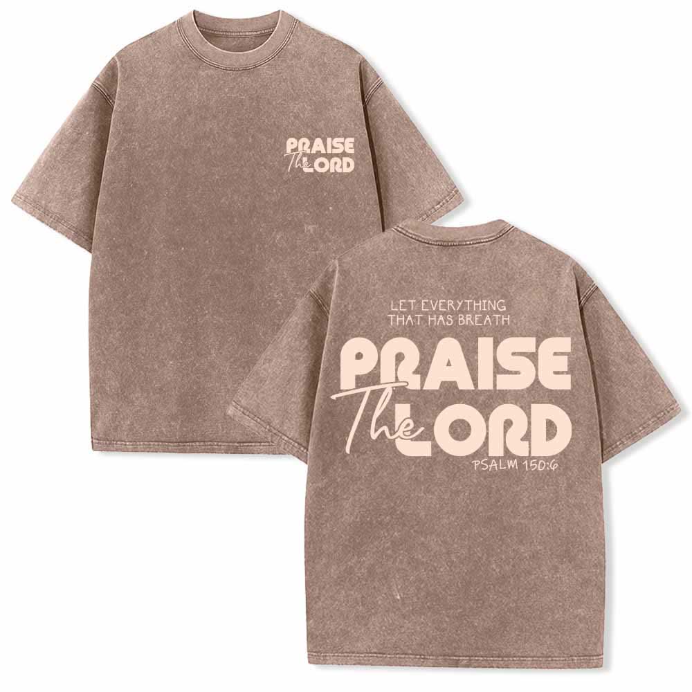 Christianartworkshop Praise The Lord Psalm 150:6 Front Chest Mini Print Back Large Text Dual-Sided Washed T-Shirt - Brown - 5XL - image 9
