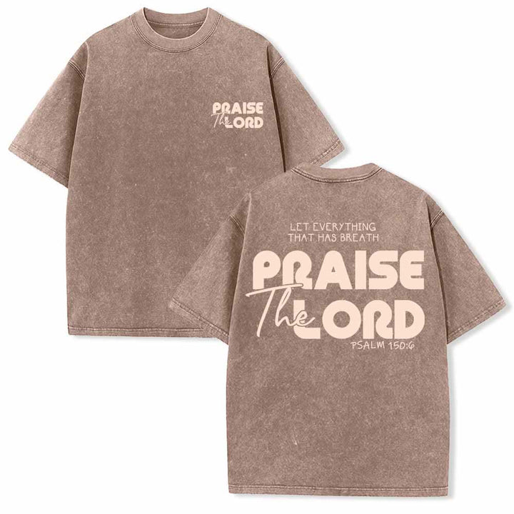 Christianartworkshop Praise The Lord Psalm 150:6 Front Chest Mini Print Back Large Text Dual-Sided Washed T-Shirt - Brown - 5XL - image 9