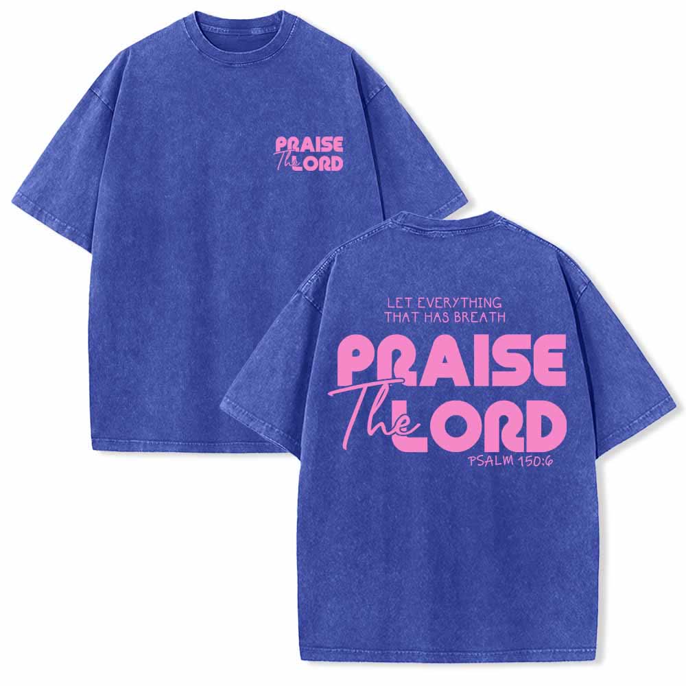 Christianartworkshop Praise The Lord Psalm 150:6 Front Chest Mini Print Back Large Text Dual-Sided Washed T-Shirt - Blue - 5XL - image 6
