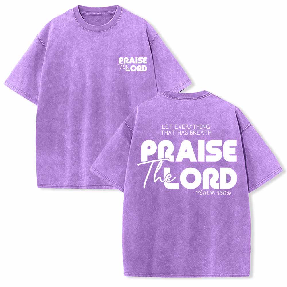 Christianartworkshop Praise The Lord Psalm 150:6 Front Chest Mini Print Back Large Text Dual-Sided Washed T-Shirt - Purple - 5XL - image 24